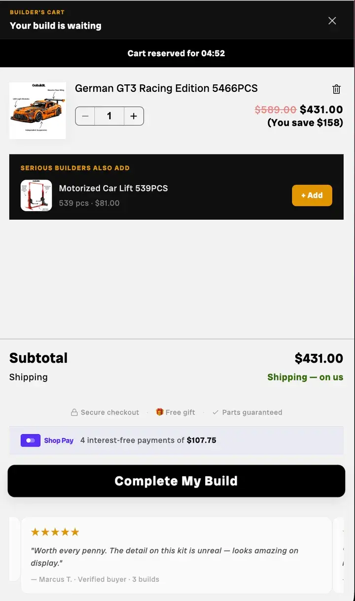 GoBuildIt's cart before: a dark drawer, one add-on and a Complete My Build button