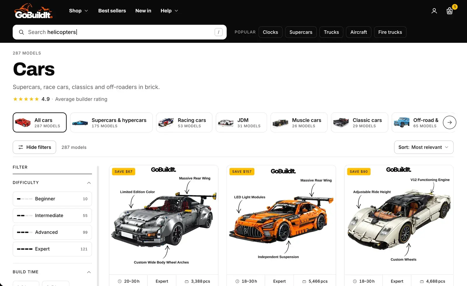 GoBuildIt's Cars collection after: a rail of car types with counts, level filters, and cards with build time, level and pieces