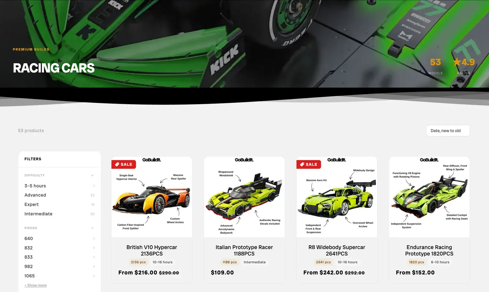GoBuildIt's Racing Cars collection before: a banner, a grey page and filters by exact piece count