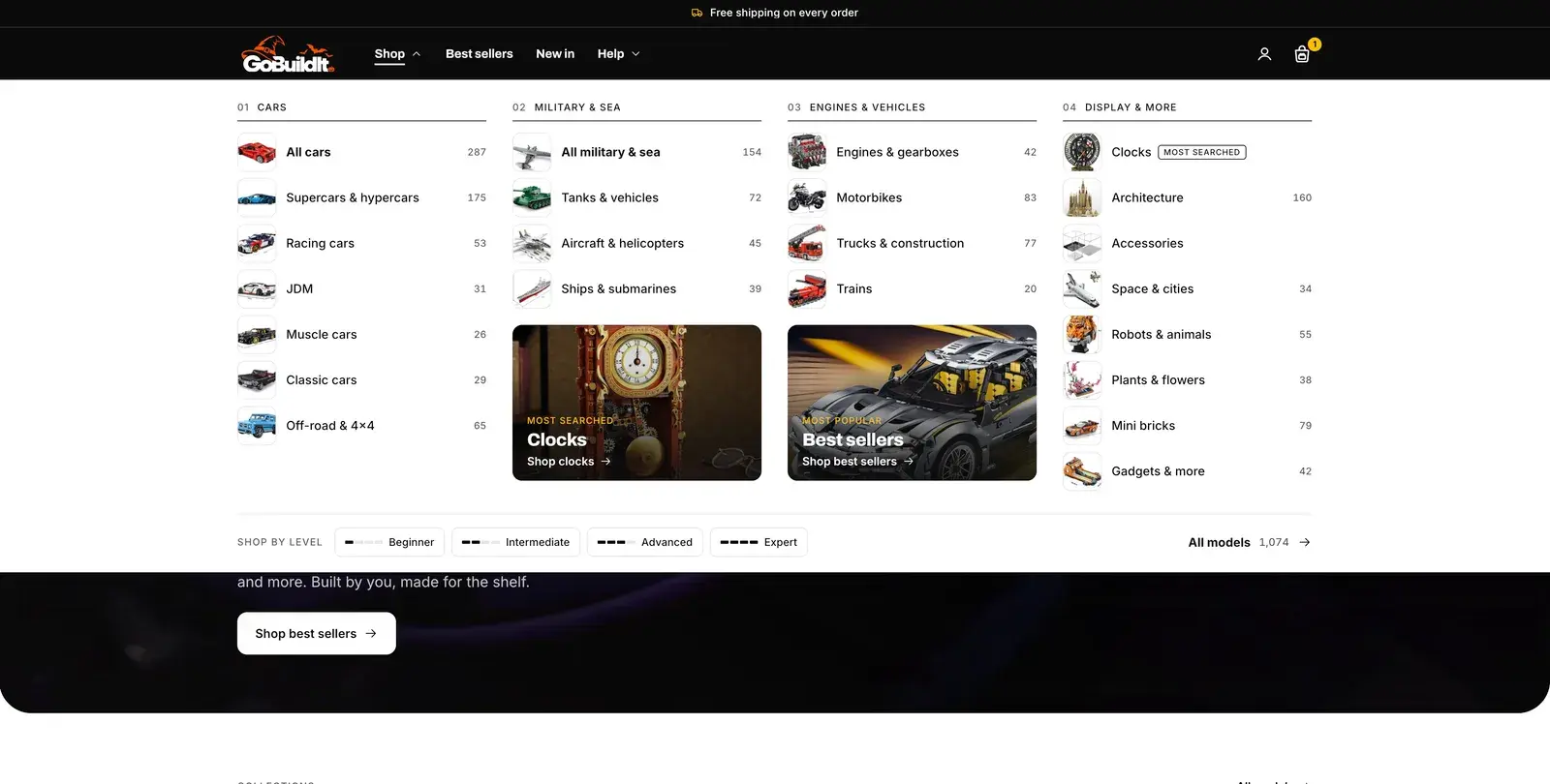 GoBuildIt's desktop menu after: four families of categories with thumbnails and model counts, and shop by level