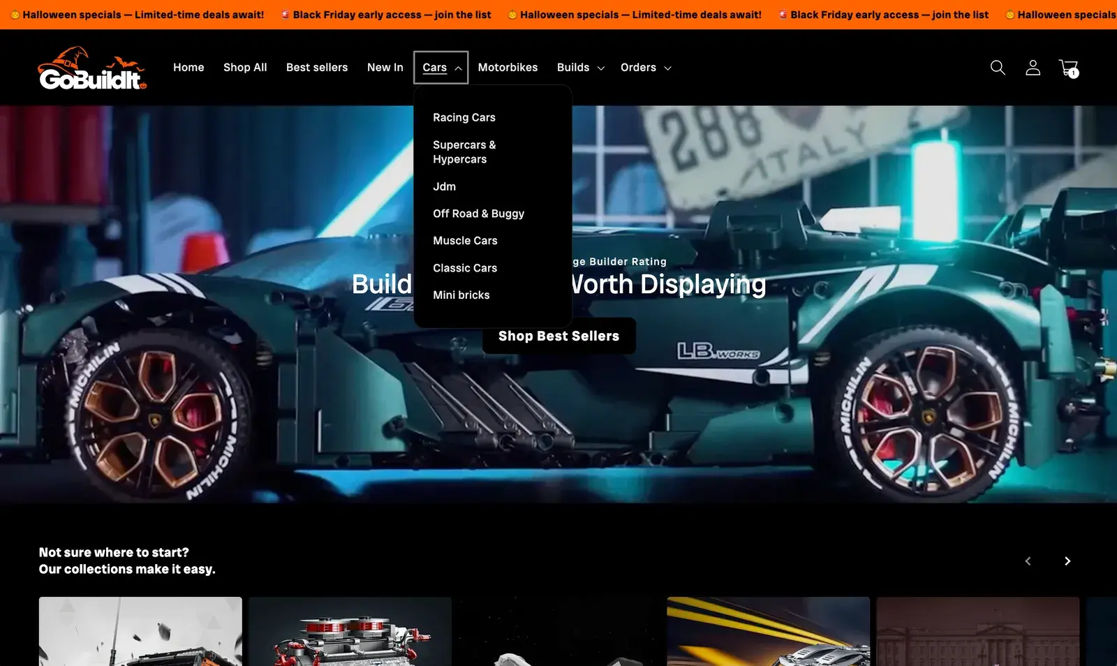 GoBuildIt's desktop menu before: one short dropdown of car types over the home page