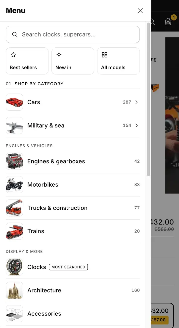GoBuildIt's phone menu after: search, quick tiles, and categories with thumbnails and counts
