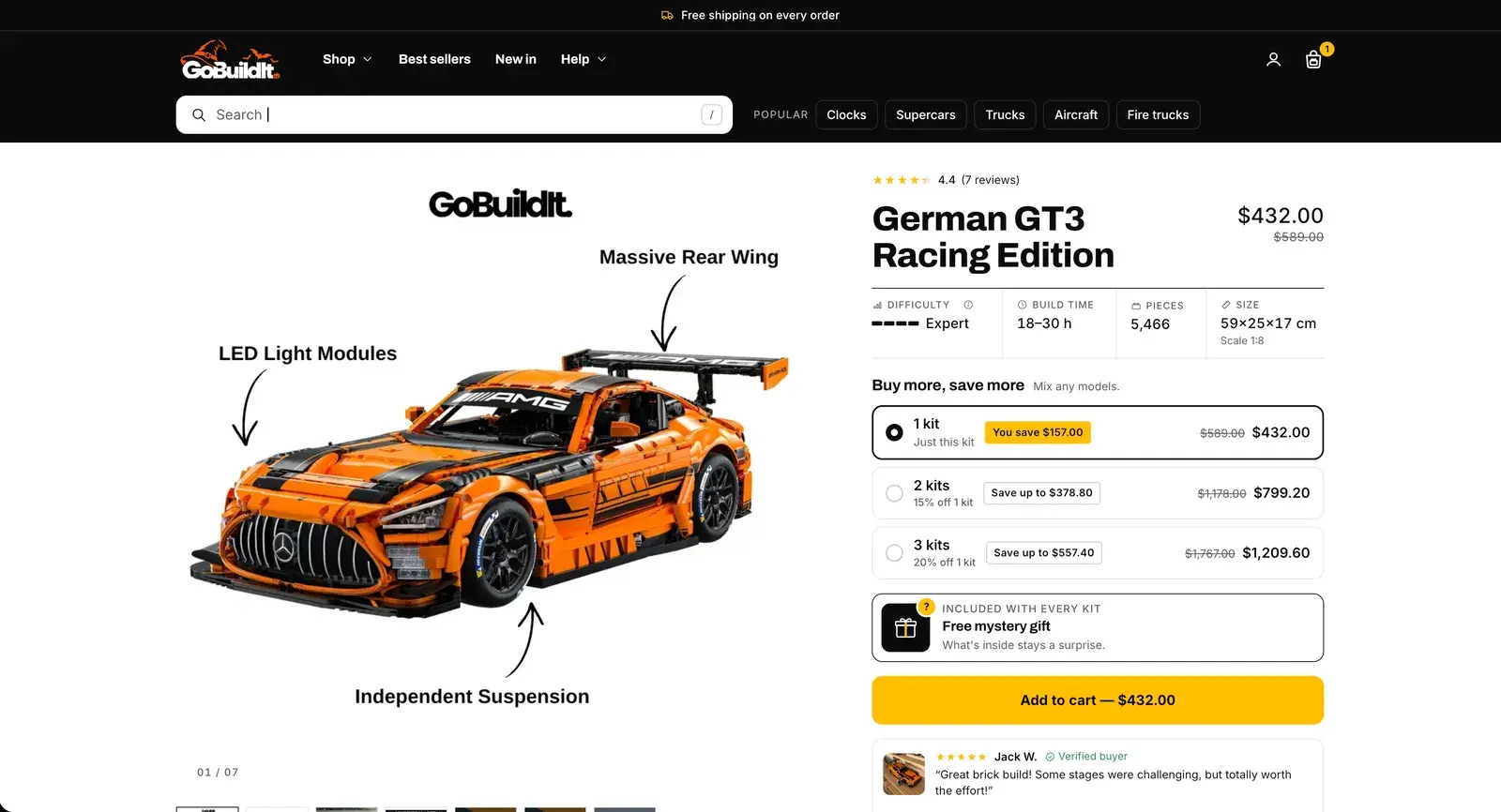 GoBuildIt's product page after: a spec row, 1 to 3 kits with their savings, the gift card and one yellow button