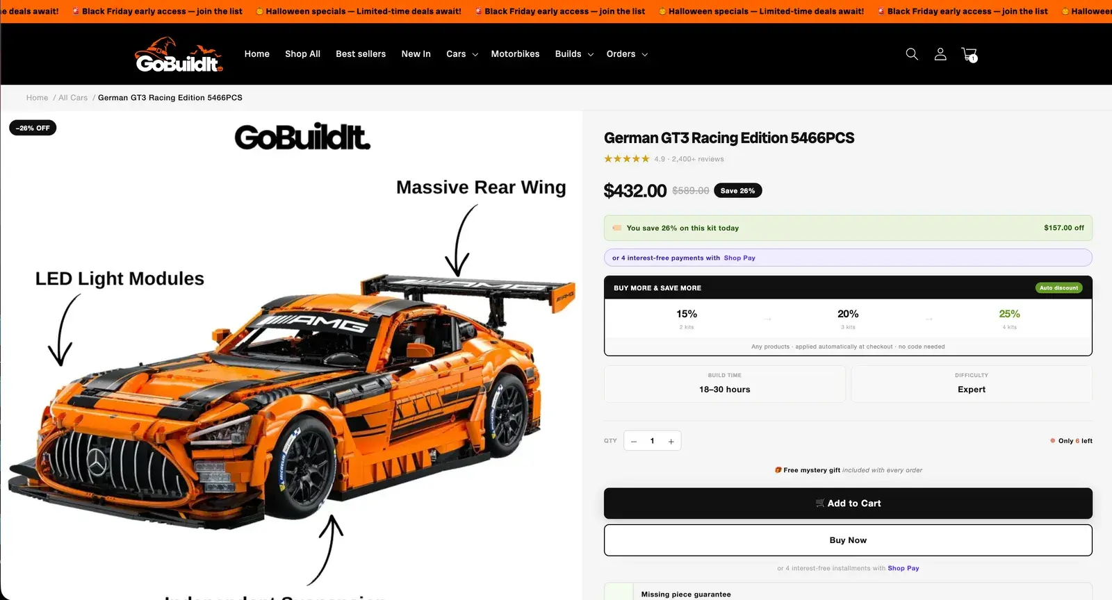 GoBuildIt's product page before: bundle percentages, two grey boxes of facts and two buttons
