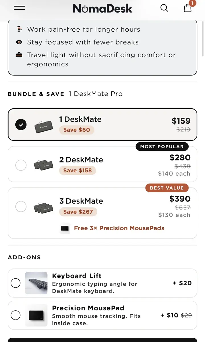 Noma Desk's bundles on a phone: 1, 2 or 3 DeskMates with their savings, and add-ons