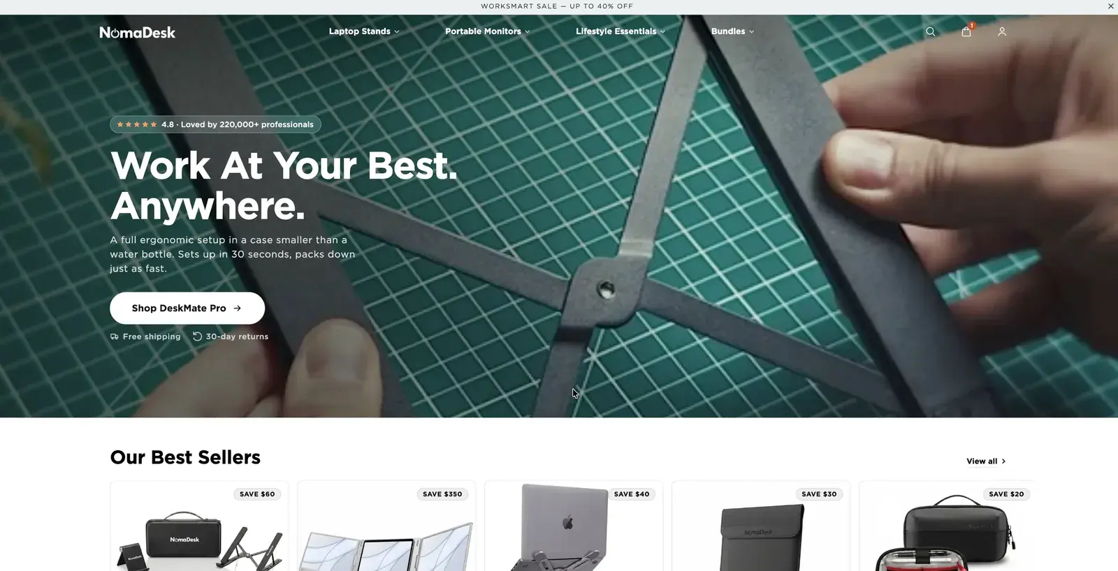 Noma Desk's home page after: “Work At Your Best. Anywhere.” over a video of the stand unfolding