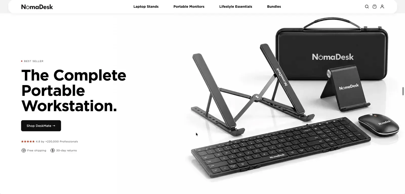 Noma Desk's home page before: “The Complete Portable Workstation.” beside a photo of the kit on white