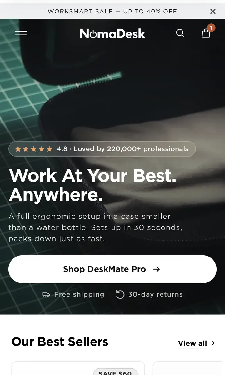 Noma Desk's home page on a phone: the rating, “Work At Your Best. Anywhere.” and the video