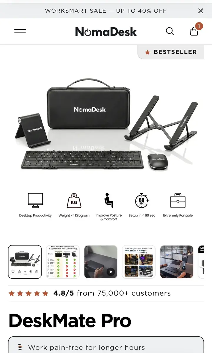 Noma Desk's product page on a phone: the kit and five benefit icons