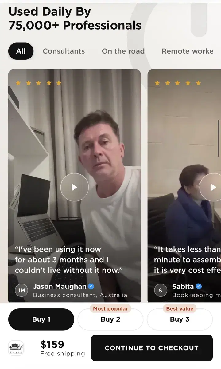 Noma Desk's video reviews on a phone, filtered by consultants, people on the road and remote workers