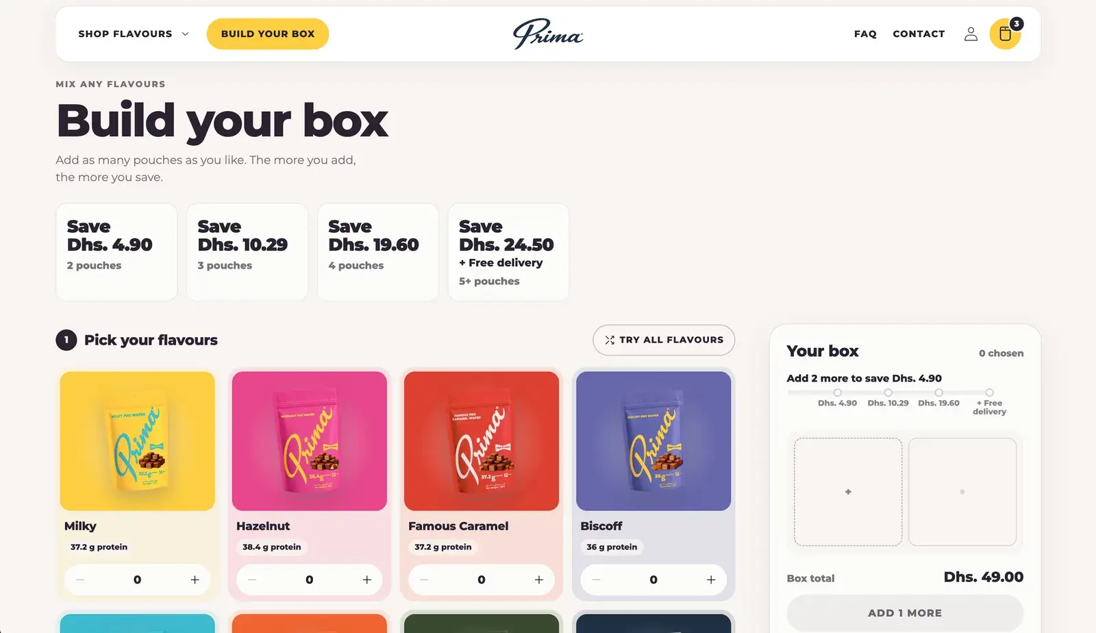 Prima's Build your box page: four savings boxes, the flavour cards with counters and Your box