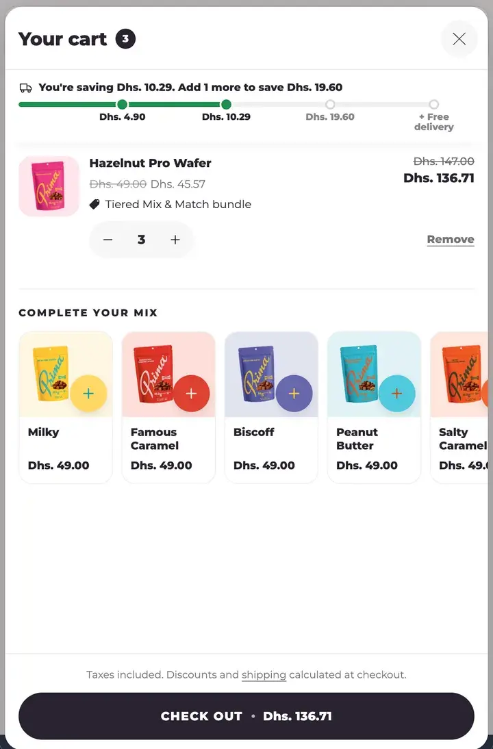 Prima's cart: a rewards bar, the line with its bundle price, and the flavours to complete the mix