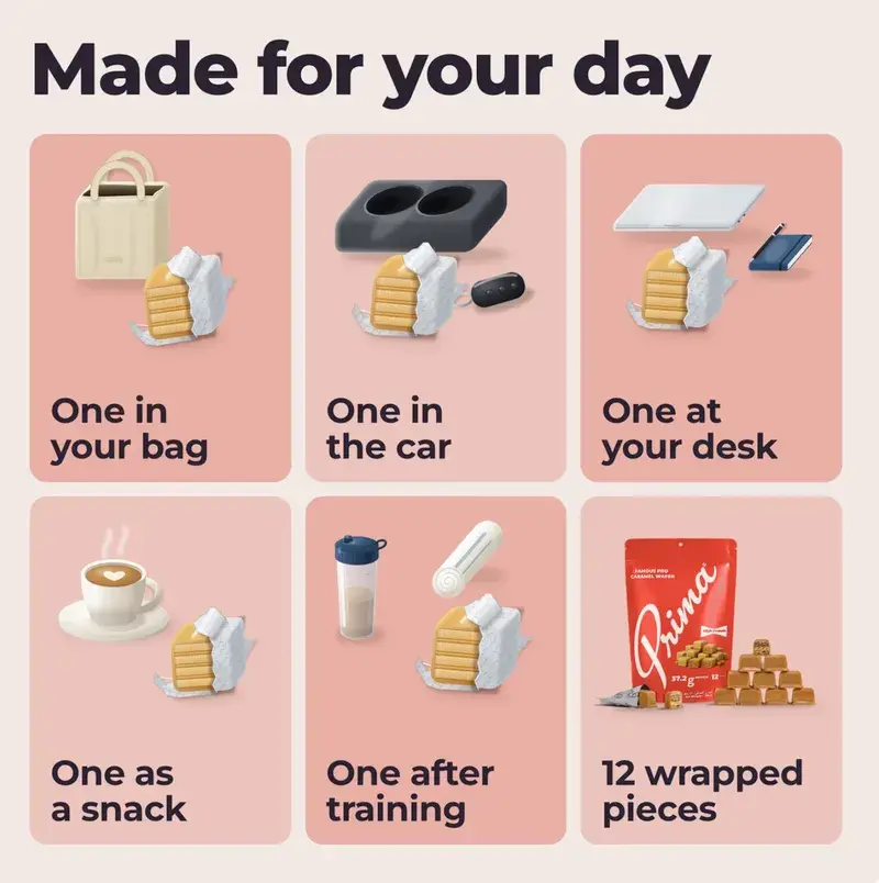 Made for your day: a piece in a bag, a car, at a desk, with coffee, after training