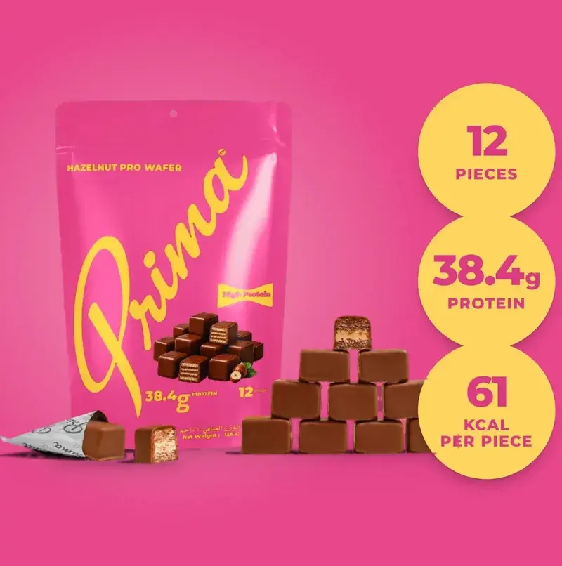 Prima's Hazelnut image: the pouch, the pieces and three stat circles
