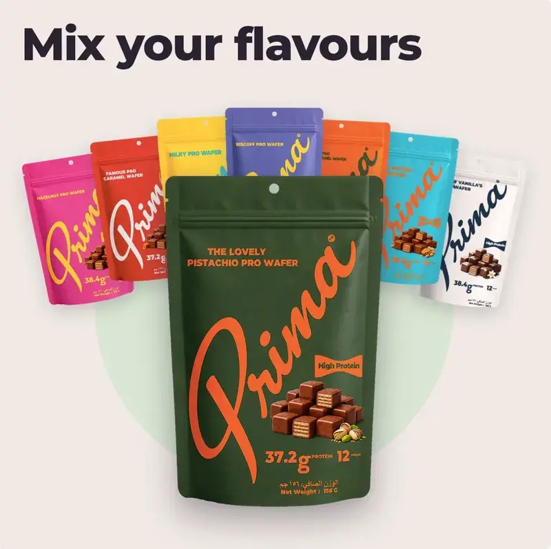 All eight Prima pouches fanned out behind the Pistachio pouch