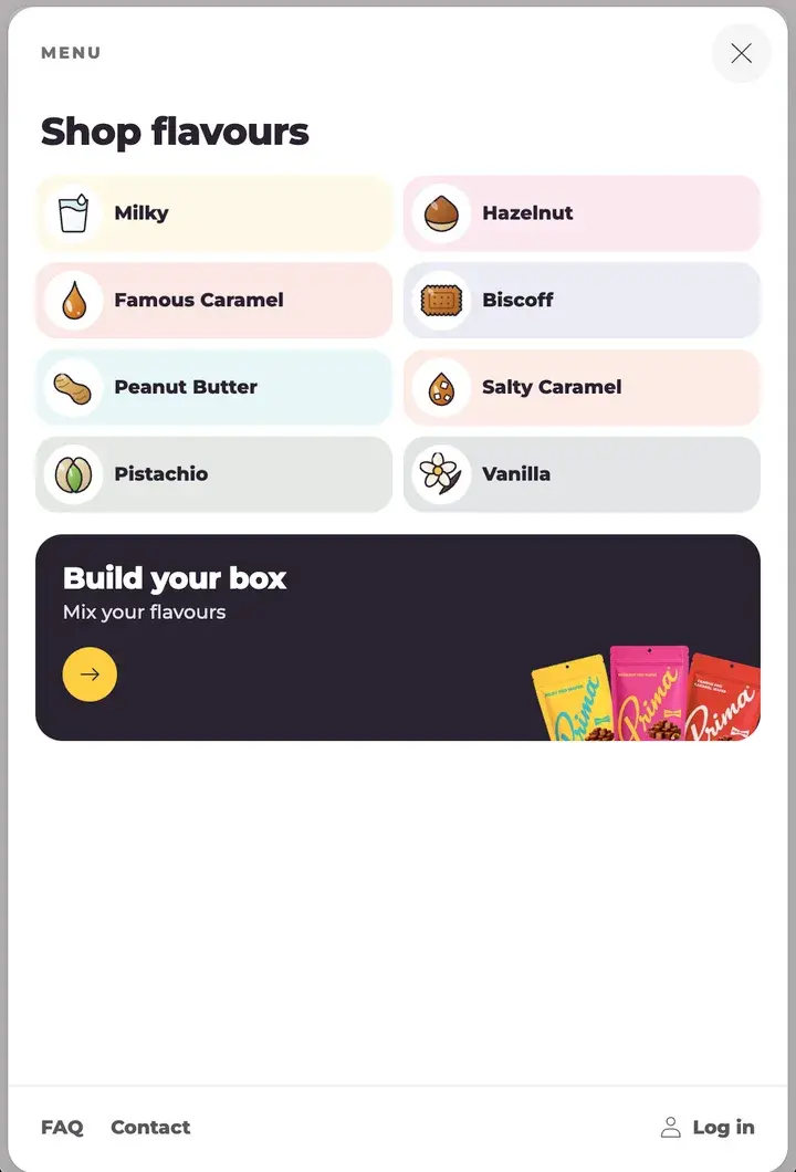 Prima's phone menu: eight flavour chips and a Build your box card