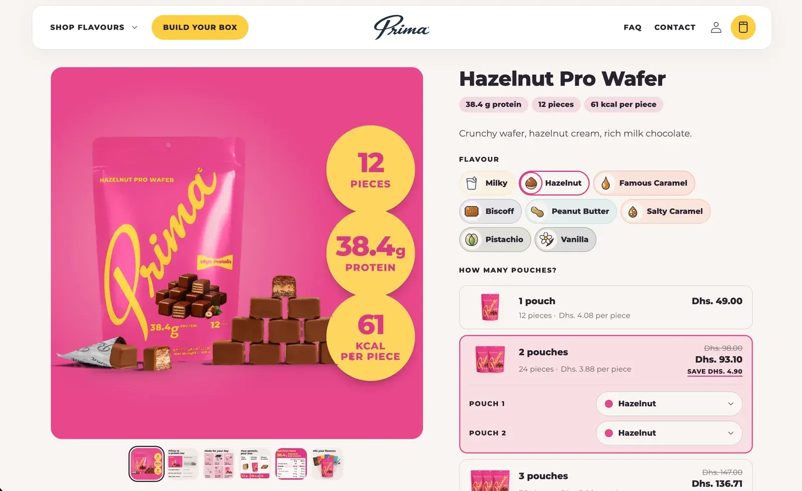 Prima's product page on a desktop: the Hazelnut pouch, the flavour pills and the packs with their savings