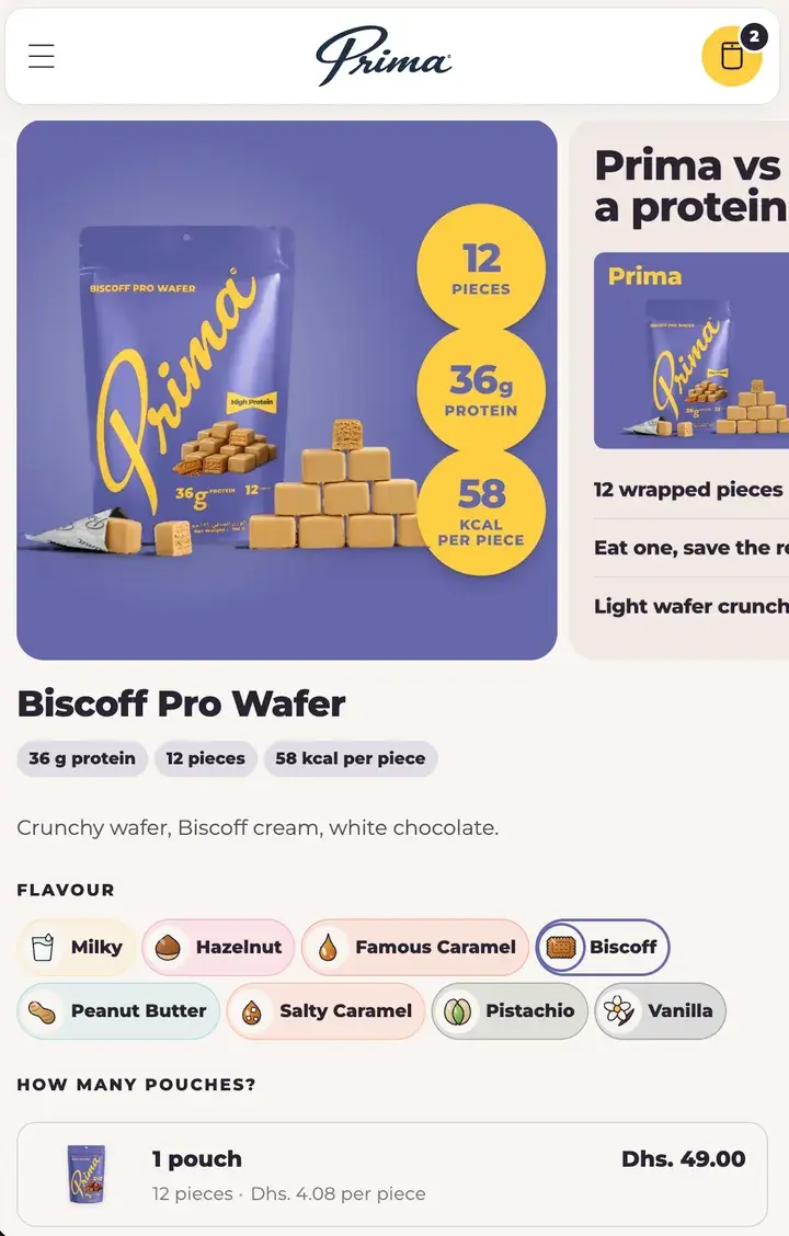 Prima's product page on a phone: the Biscoff pouch with its numbers, the flavour pills and the packs