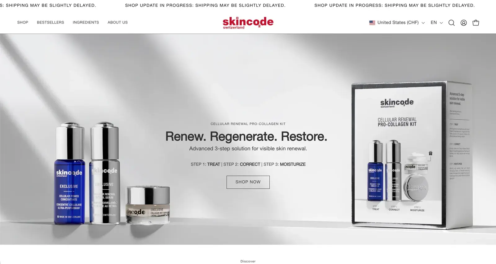 Screenshot of Skincode's store after the redesign