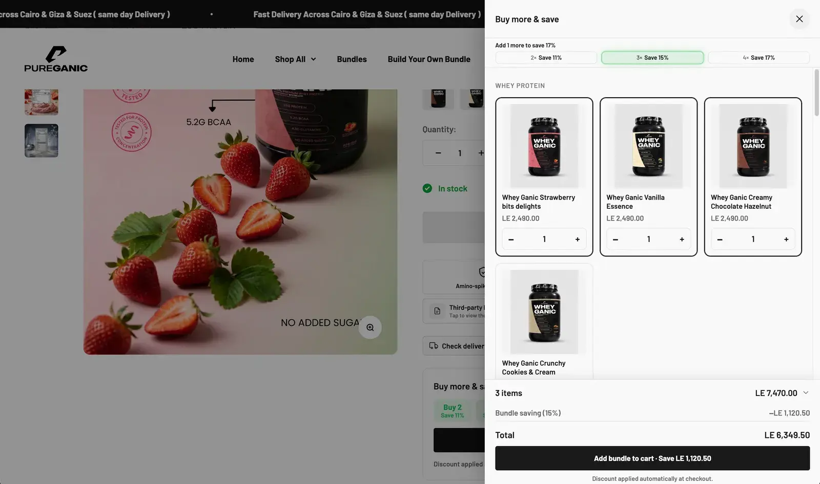 Pureganic's Buy more & save drawer: saving tiers on top, the flavours with counters, the saving and Add bundle to cart