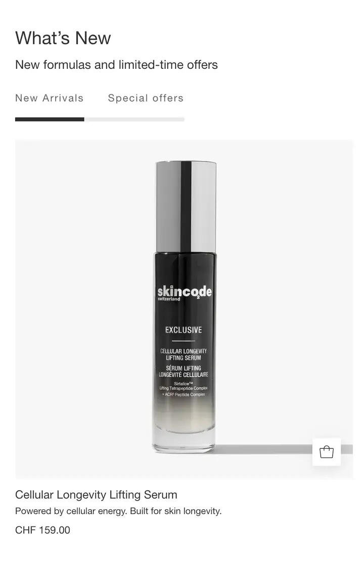 Skincode's What's New section on a phone: tabs for new arrivals and special offers, and a product card with quick add