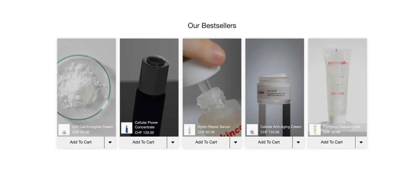 Skincode's bestsellers on video, each with its product and an Add to cart button