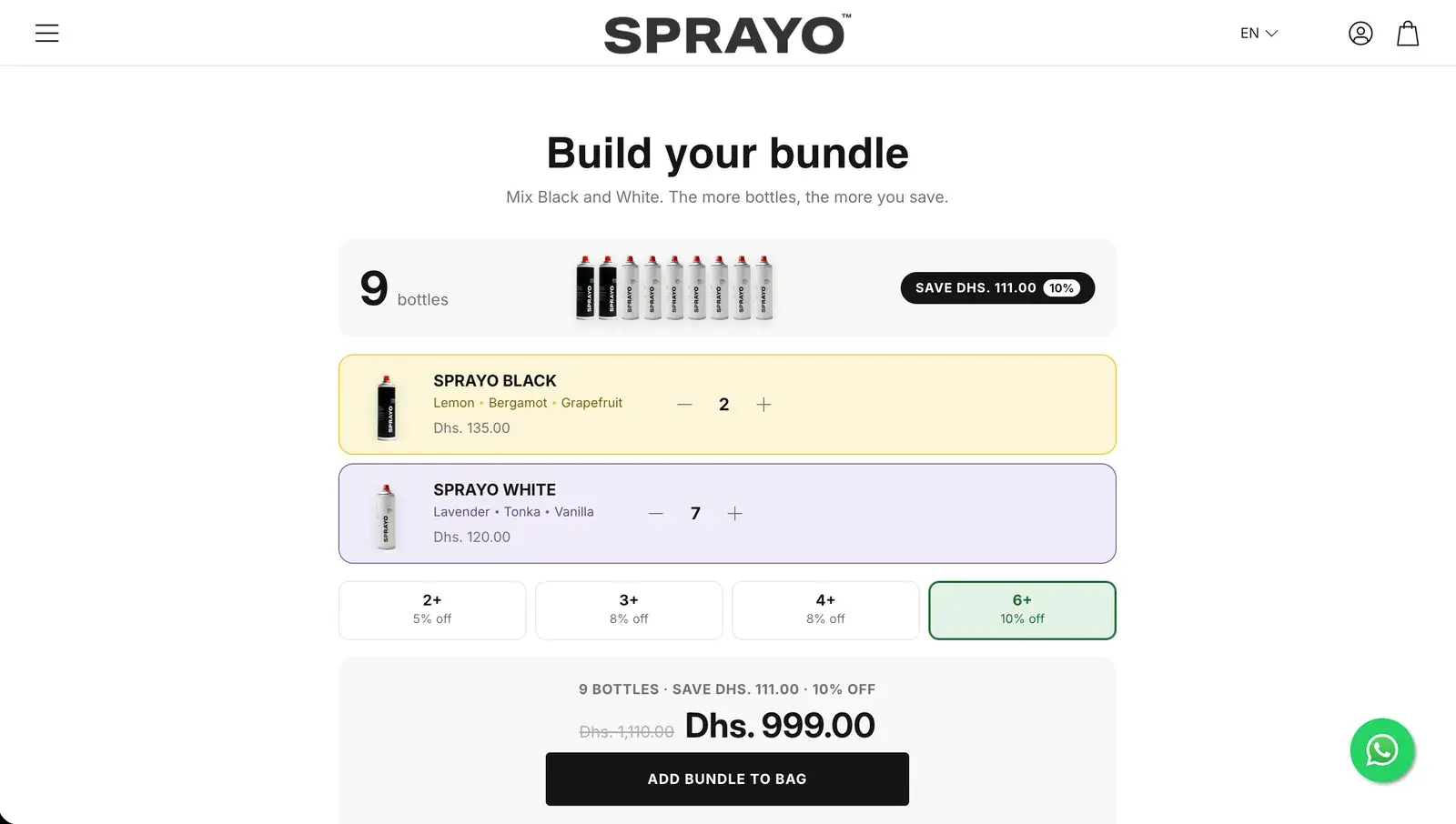 Sprayo's Build your bundle page: Black and White counters, the tiers and the total