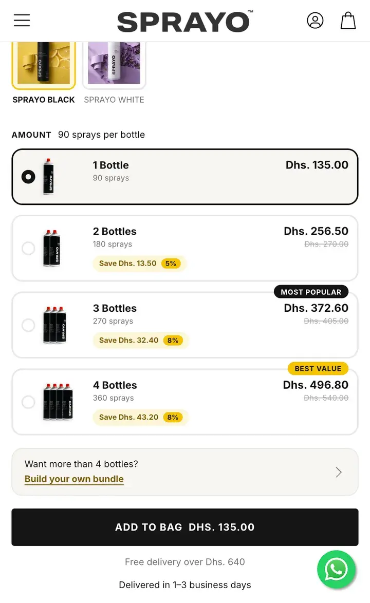 Sprayo's buy box after: 1 to 4 bottles as rows with their savings, and the total on the button