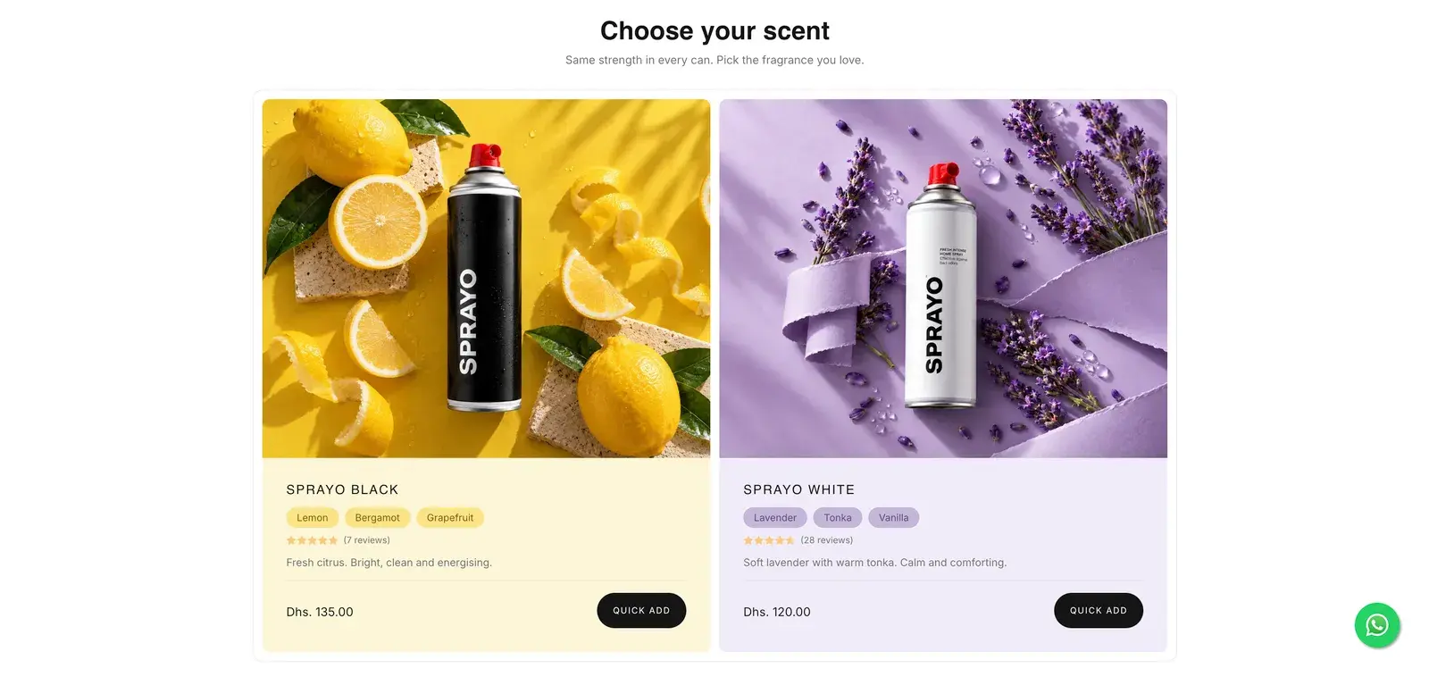 Sprayo's home page products after: each scent on its own colour, with its notes, a line on the smell and quick add