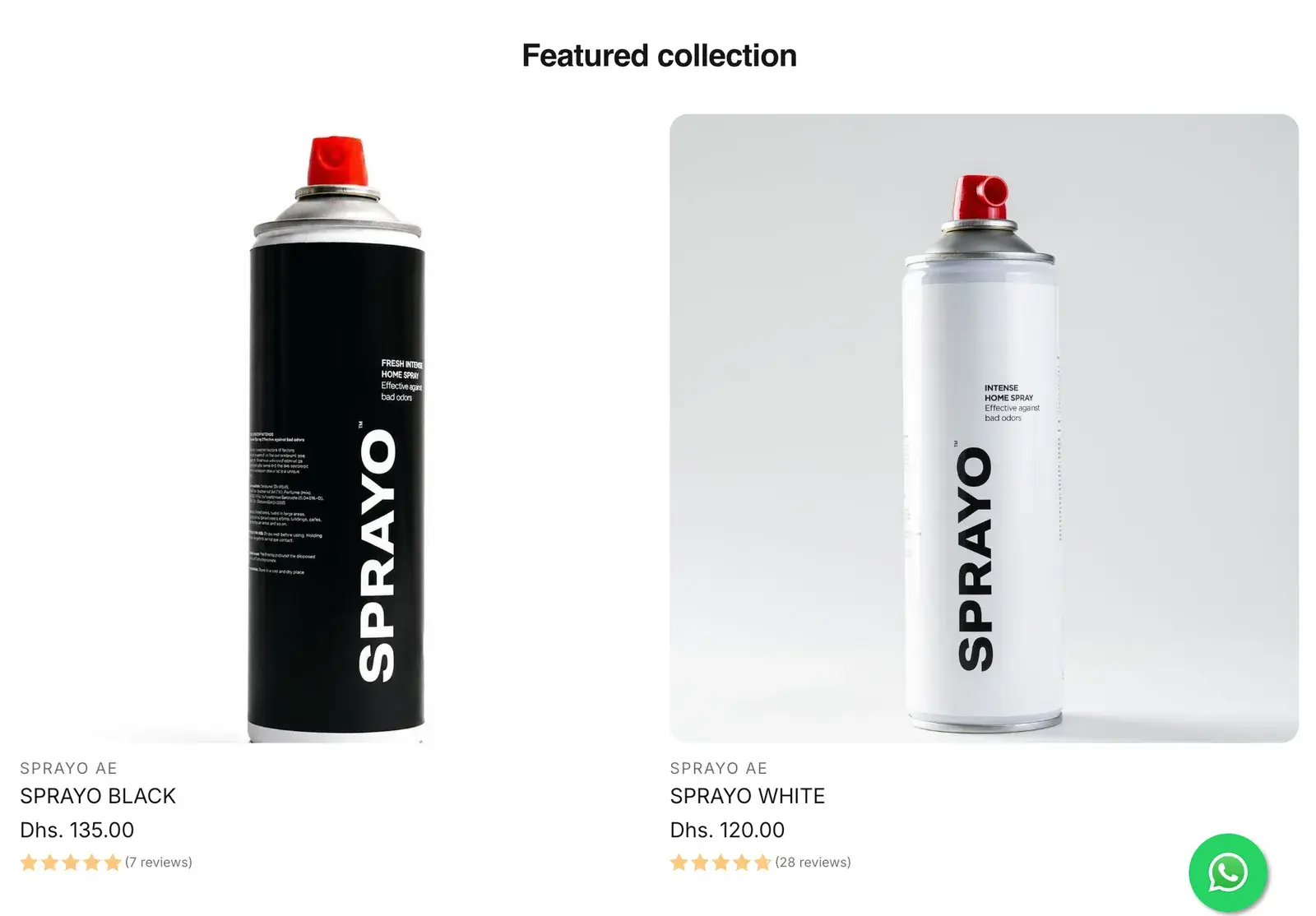 Sprayo's home page products before: two cans on white with a name, a price and stars