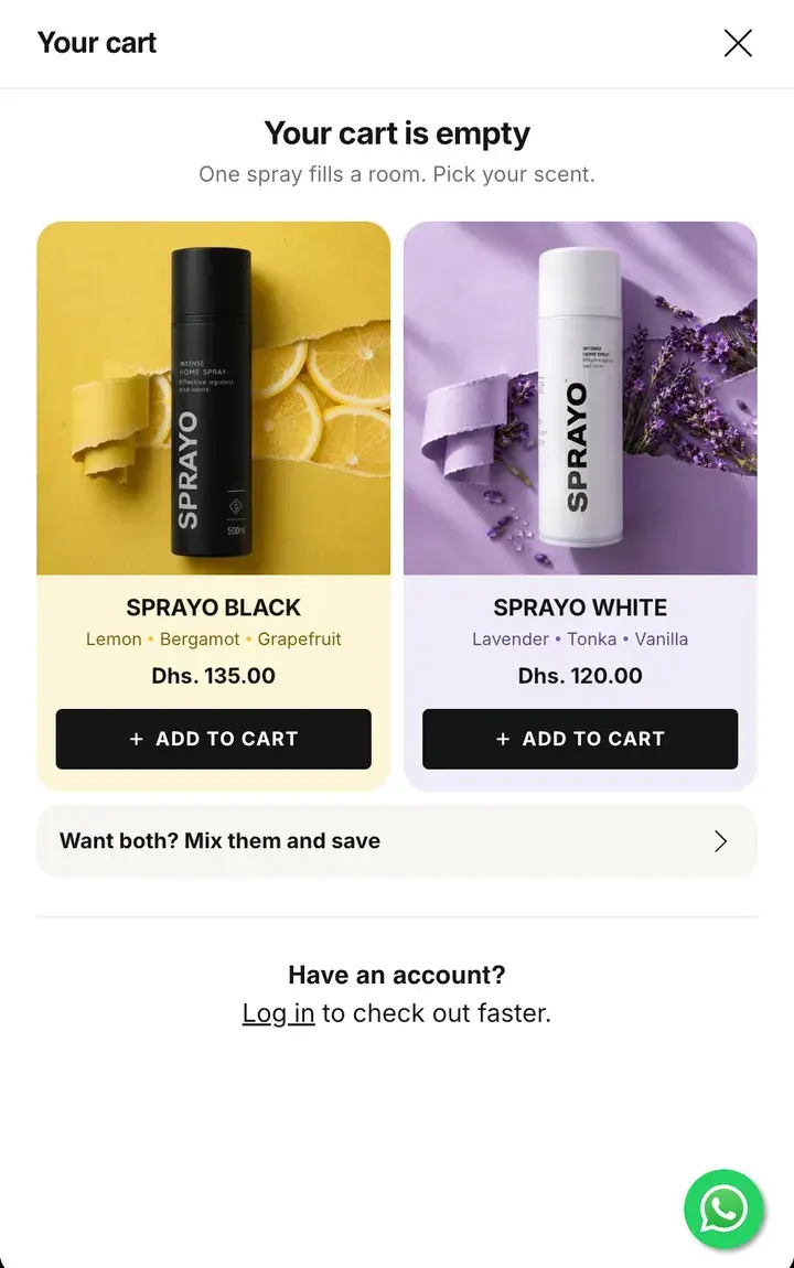 Sprayo's empty cart after: both scents with Add to cart, and “Want both? Mix them and save”
