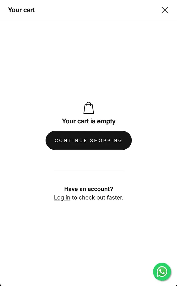 Sprayo's empty cart before: “Your cart is empty” and Continue shopping