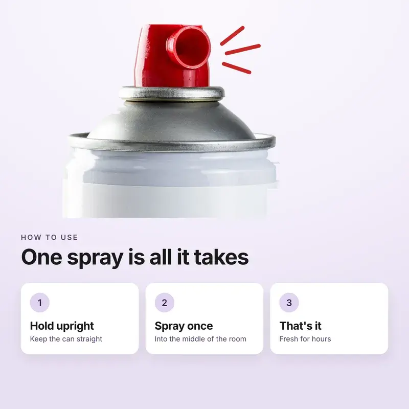 Sprayo White's how-to-use image for desktop, square: hold upright, spray once, that's it