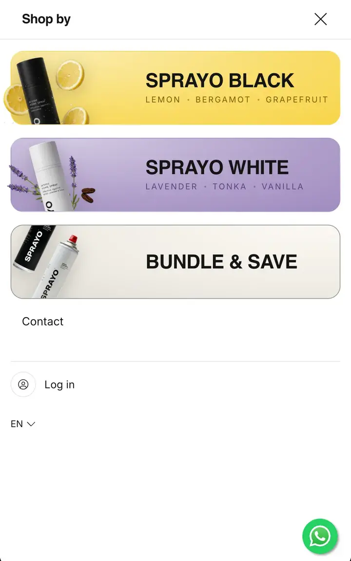 Sprayo's phone menu after: a card for each scent, and Bundle & Save