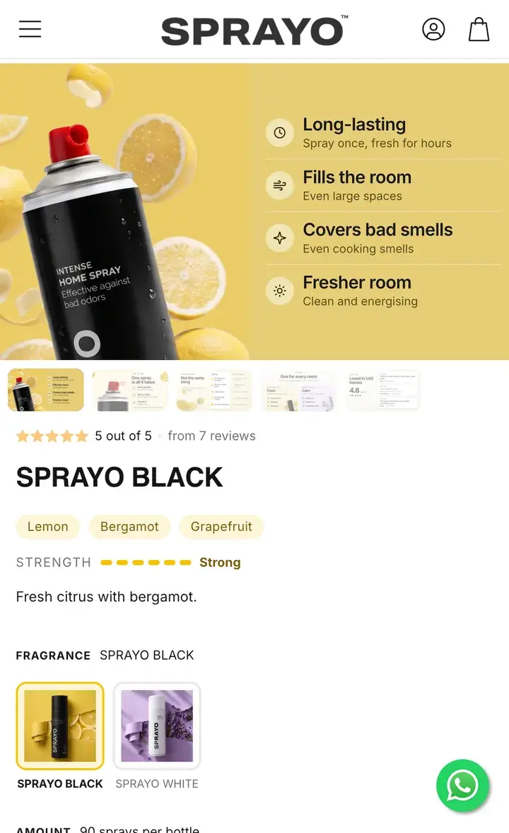 Sprayo's product page after, on a phone: a landscape image of the benefits, then the rating, the notes and the strength