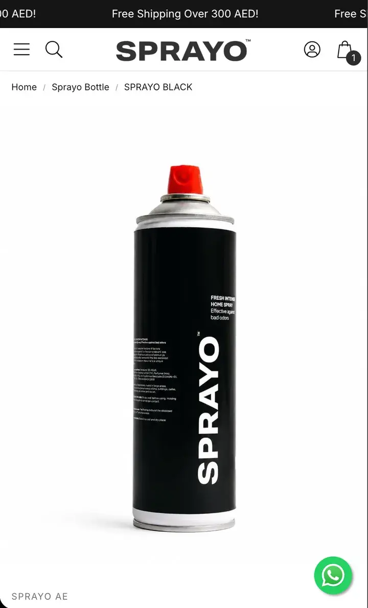 Sprayo's product page before, on a phone: a breadcrumb and a photo of the can on white