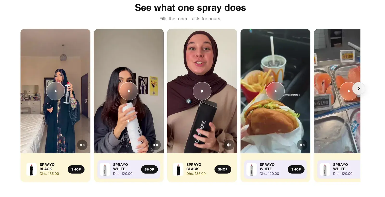 Sprayo's “See what one spray does” section: creator videos, each with its bottle and a Shop button