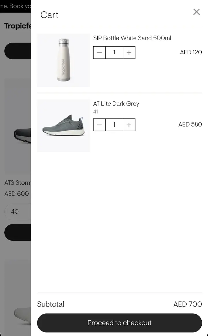 Tropicfeel's cart before: two items, a subtotal and Proceed to checkout