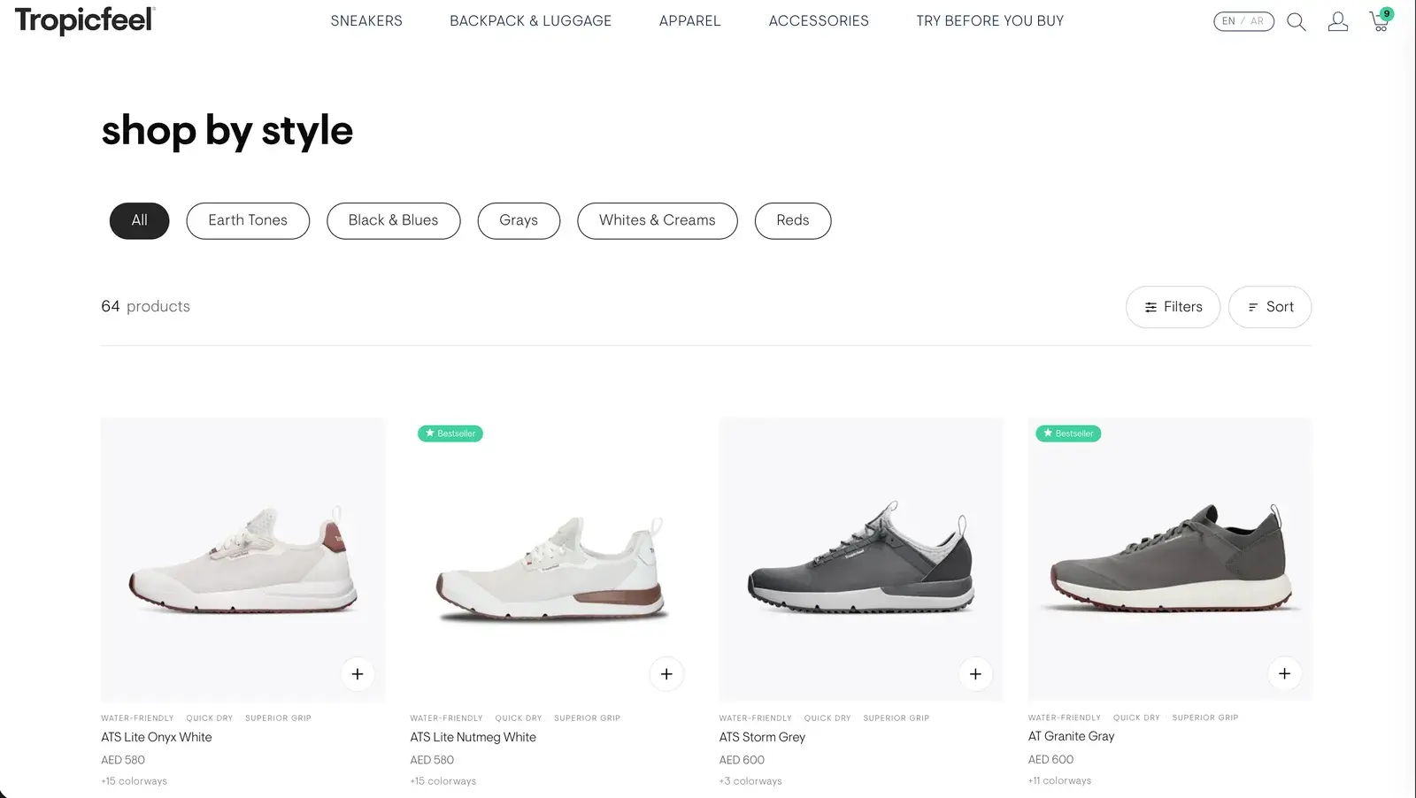 Tropicfeel's sneaker collection after: shop by style, filters and sort, and clean cards with a quick add button