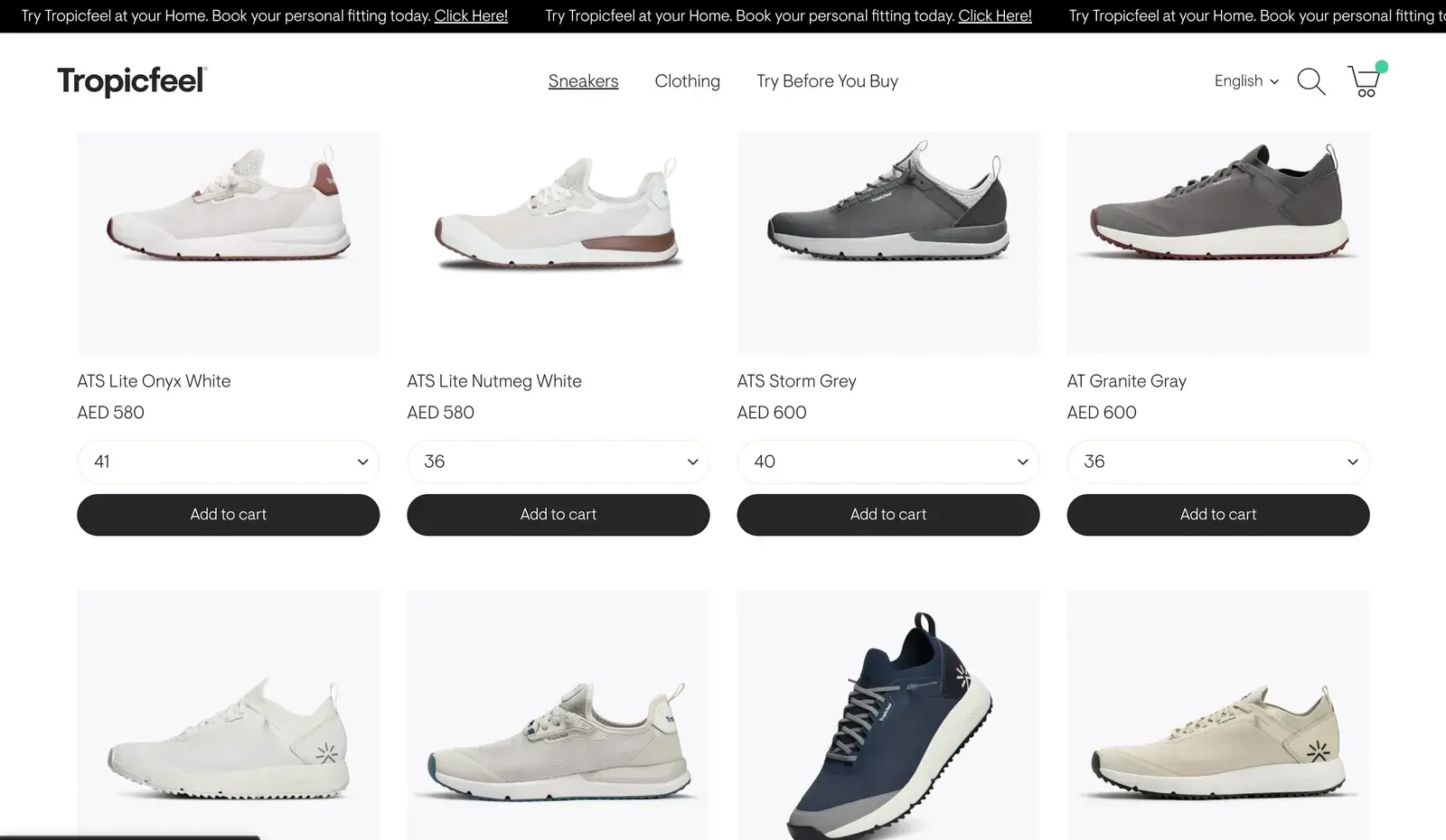 Tropicfeel's sneaker collection before: every card with a size dropdown and an Add to cart button