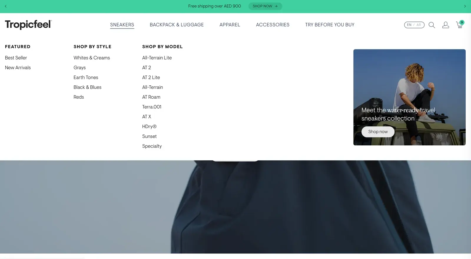 Tropicfeel's desktop menu: Sneakers open on featured, shop by style, shop by model and the new collection