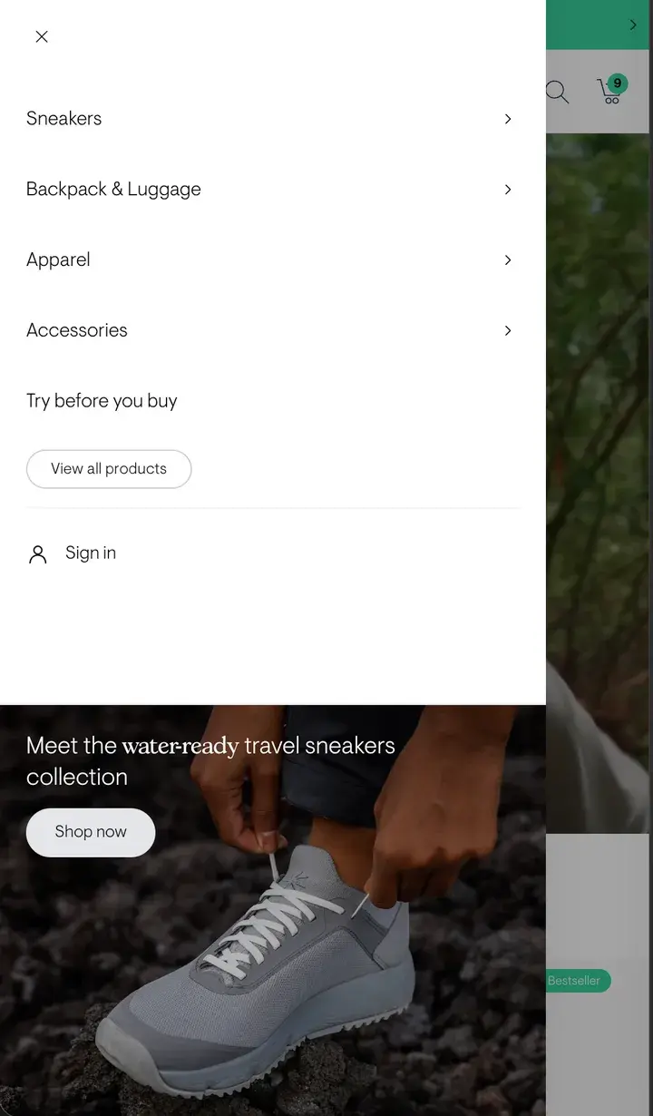 Tropicfeel's phone menu: the five sections, sign in and the newest collection