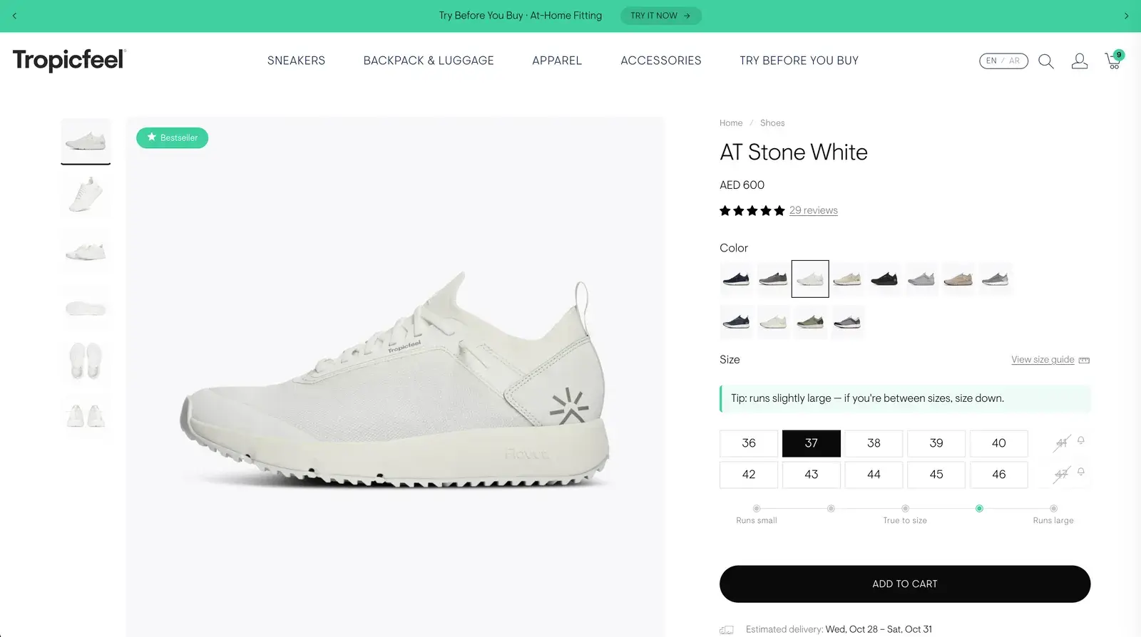 Tropicfeel's product page after: every colour, every size as a button, a fit tip and one Add to cart