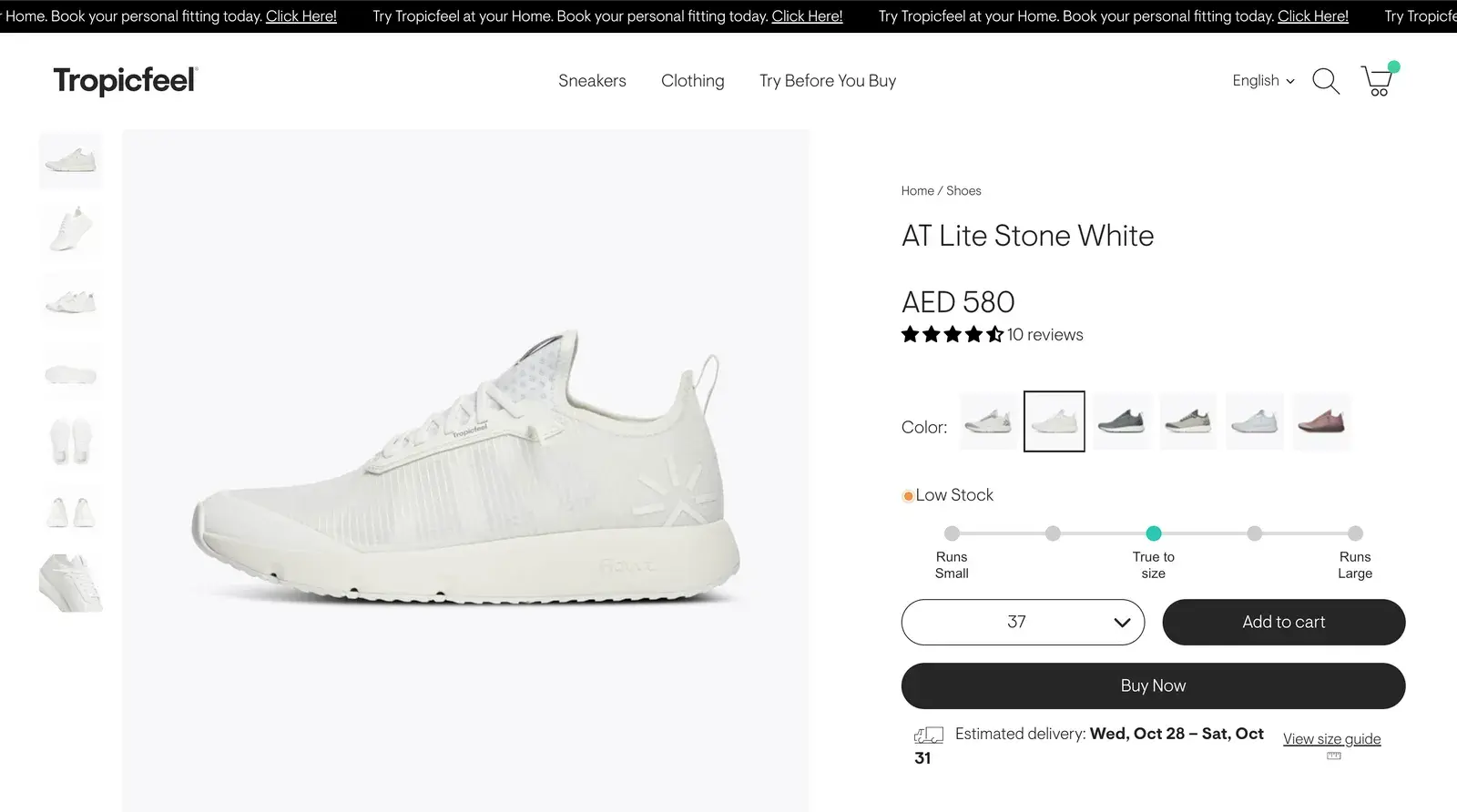 Tropicfeel's product page before: a size dropdown, a fit scale, Add to cart and Buy now