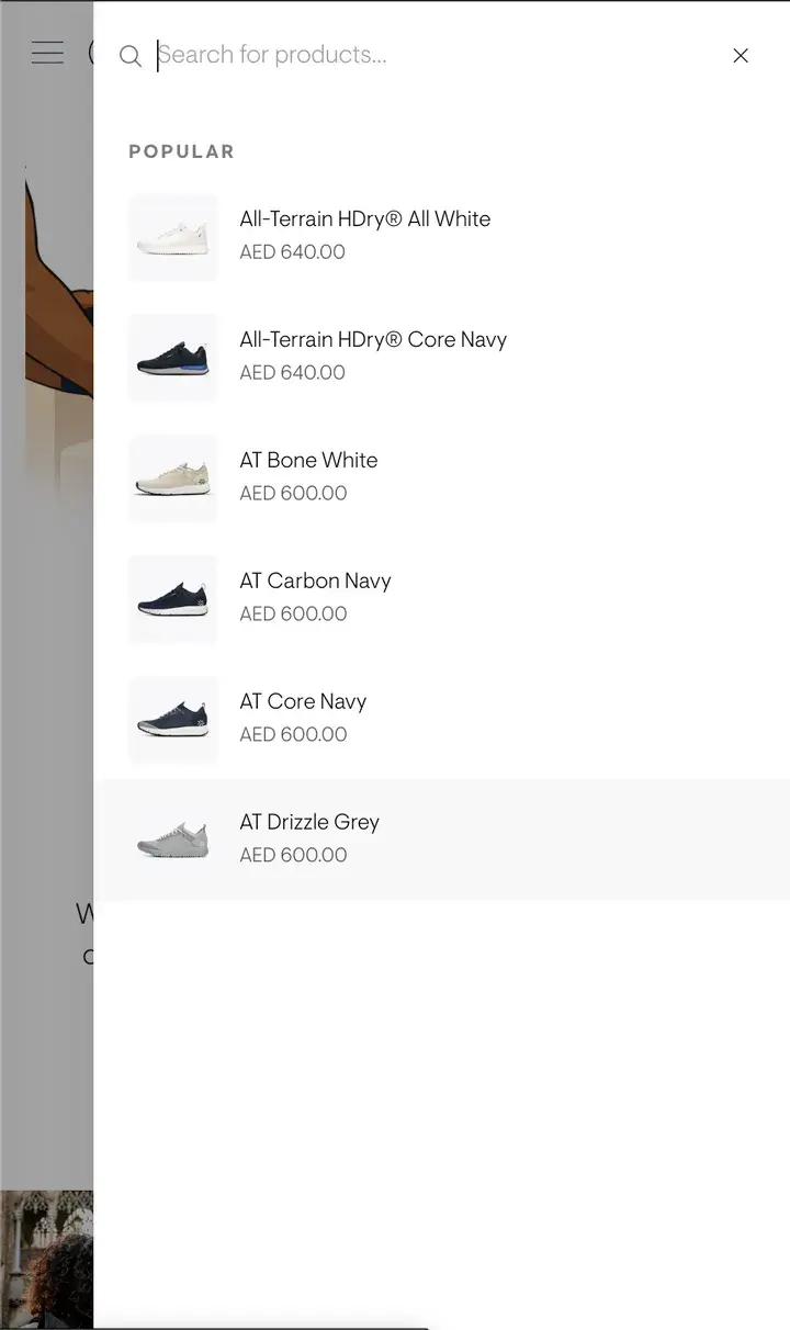 Tropicfeel's search after: a drawer over the page, with popular sneakers before typing