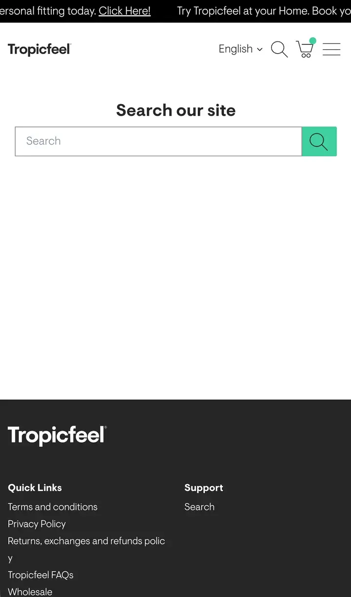 Tropicfeel's search before: a separate page with an empty search box