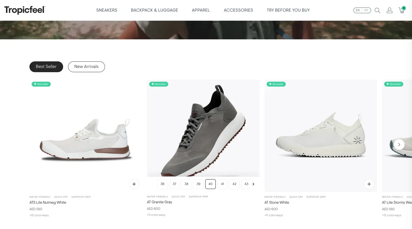 Tropicfeel's home page slider after: Best seller and New arrivals tabs, and sizes on the card to add to the cart