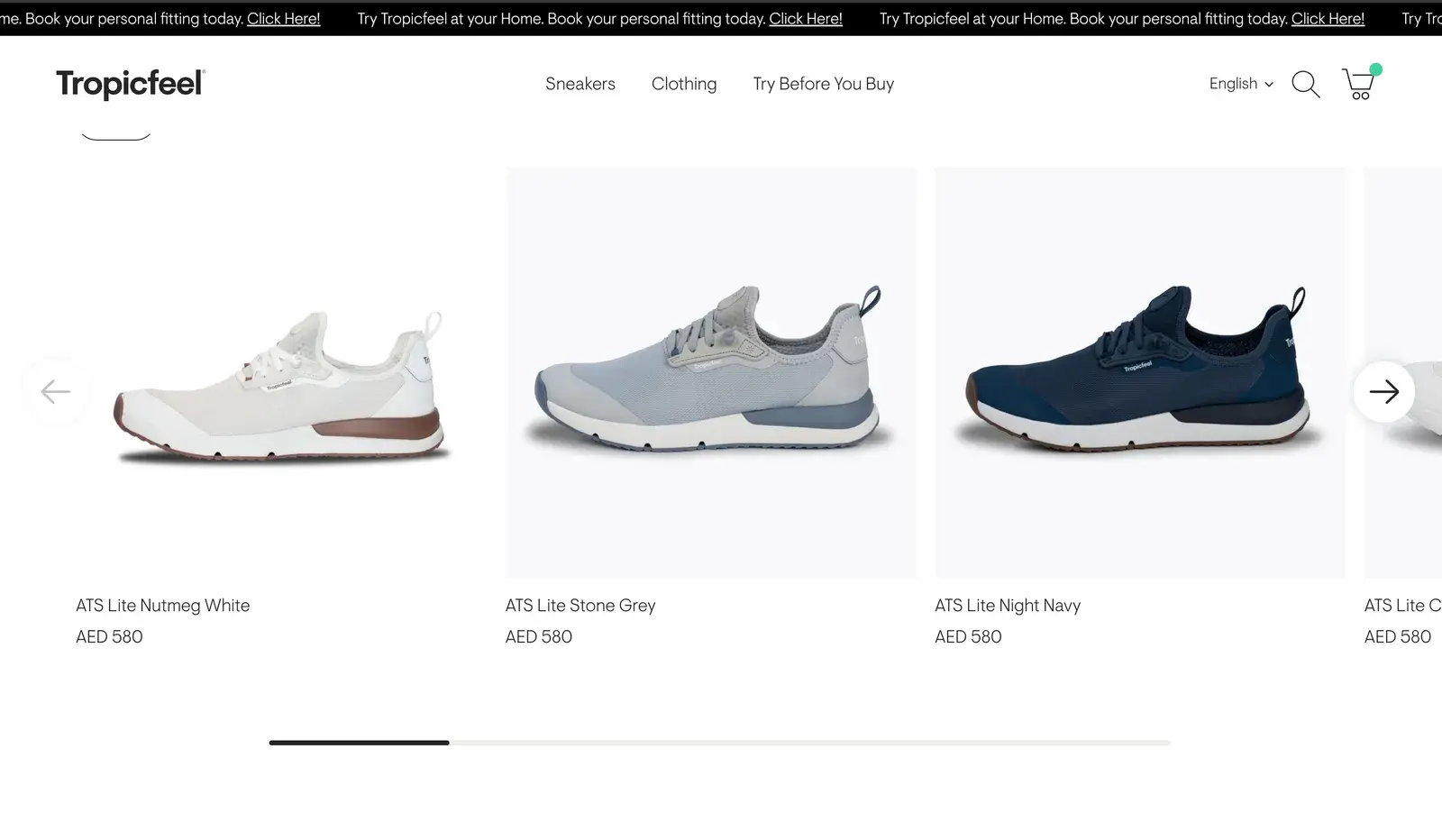Tropicfeel's home page slider before: sneakers with a name and a price
