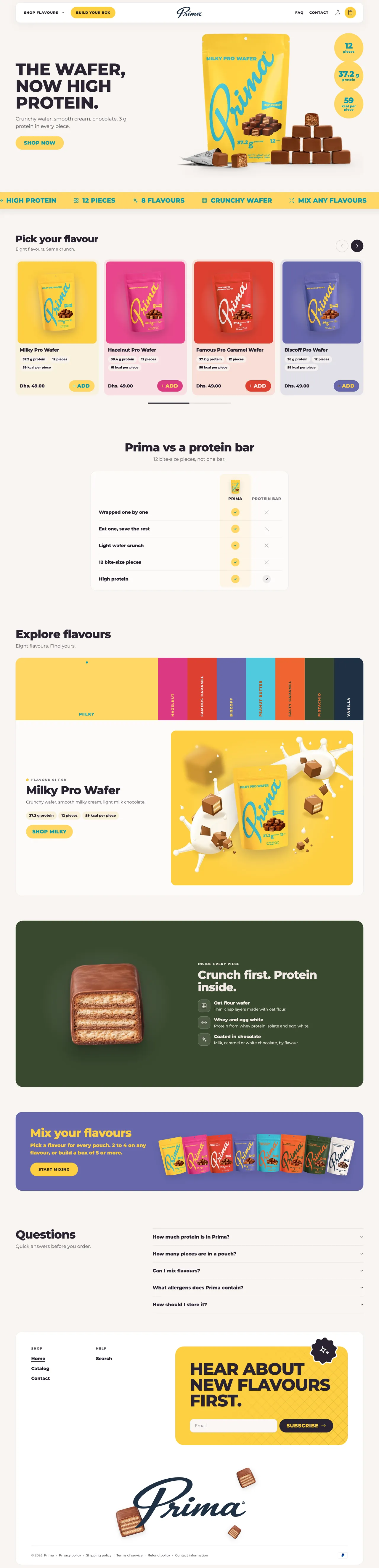 Prima's home page on a desktop, from the top to the footer