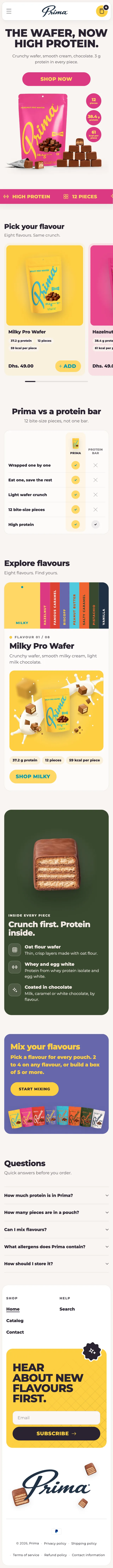 Prima's home page on a phone, from the top to the footer
